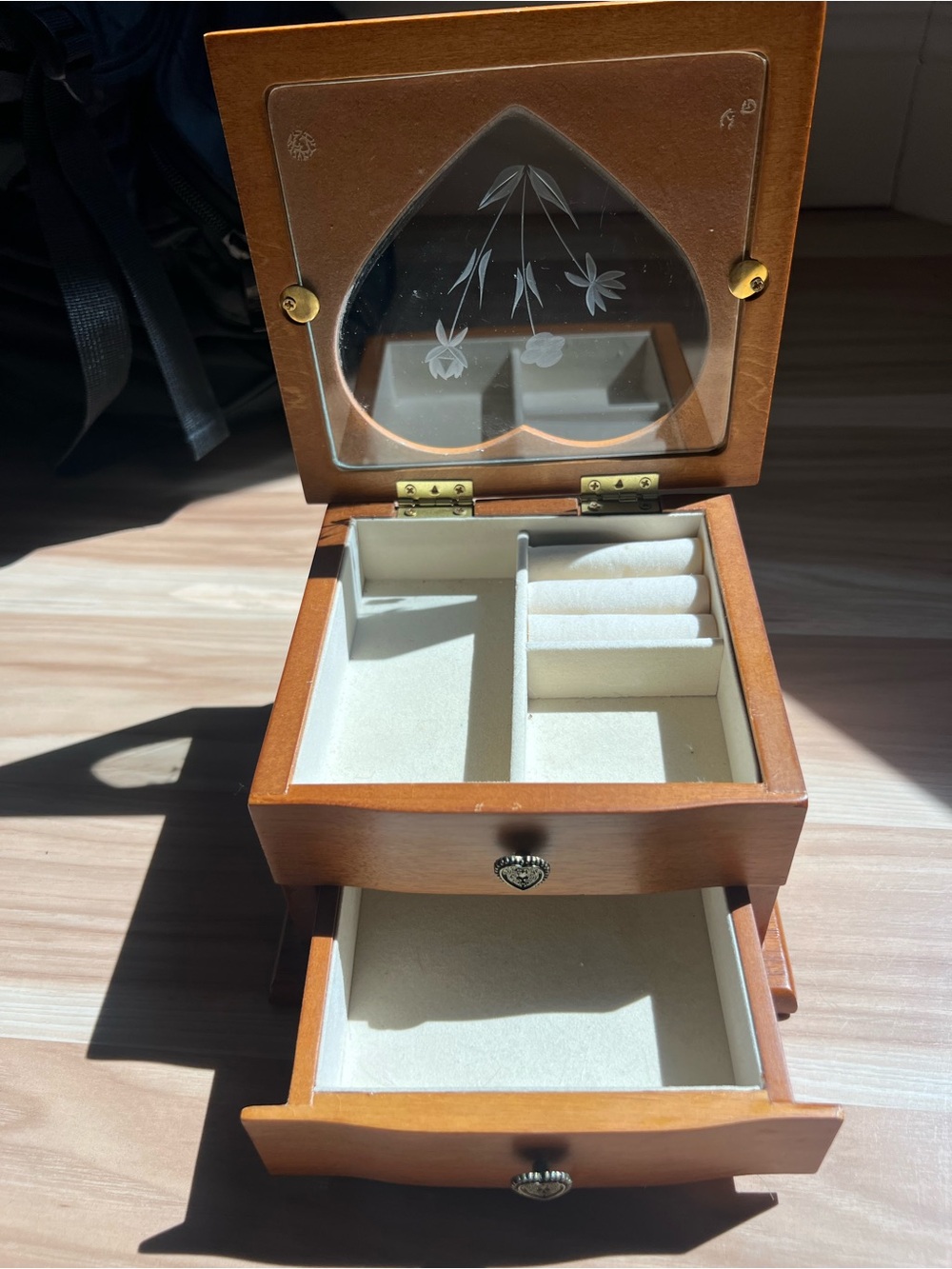 Wooden Jewelry Box with Etched Glass Top